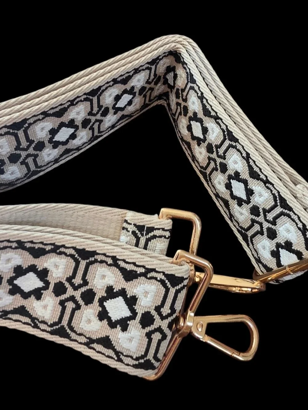 Crossbody Strap. Adjustable Beige & Black Woven Bag Strap with Gold Hardware
